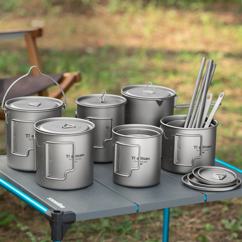 Camping Cooking Pan Set - Tiartisan في الهواء الطلق التيتانيوم خفيفة
