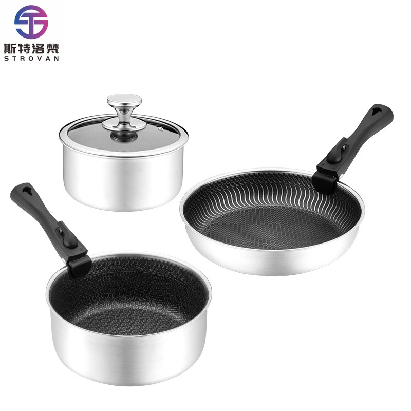 Camping Cooking Set Detachable Handle - 6 قطعة 3-ply الفولاذ المقاوم للصدأ
